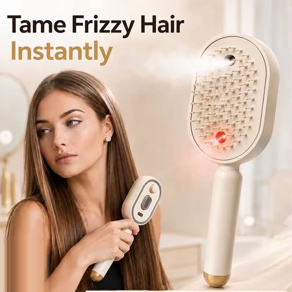 Beige SteamGlow brush releasing a fine mist through long hair