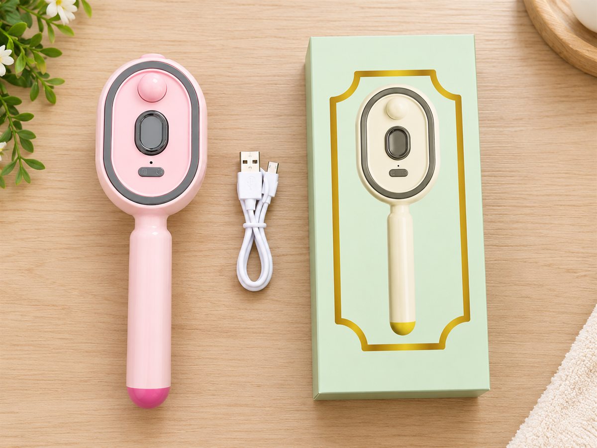 Pink SteamGlow brush next to its USB-C cable and the gift box it comes in